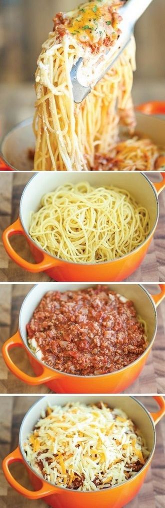 four different pictures showing how to make spaghetti