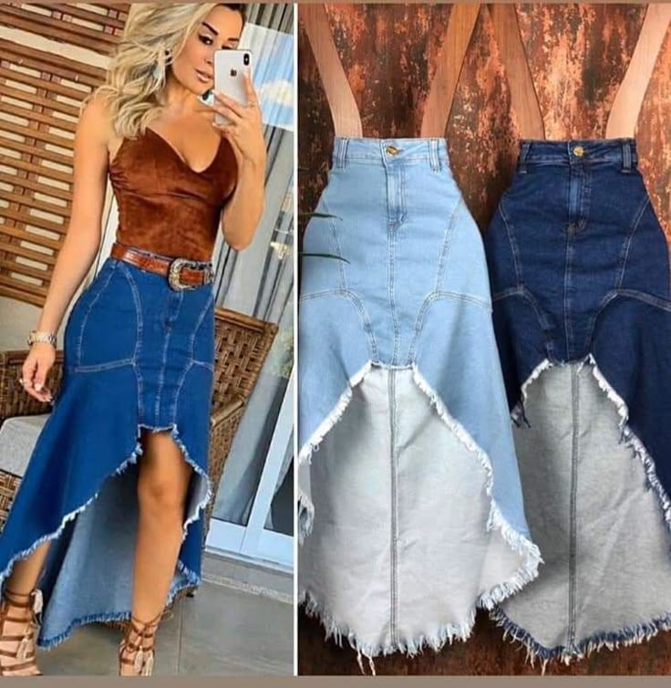 Dope Fashion Outfits, Denim Skirt Trend, Digital Dress, Famous Outfits, Patterned Jeans, Skirt Trends, Denim Skirt Women, Jean Trends, Stylish Dress Designs