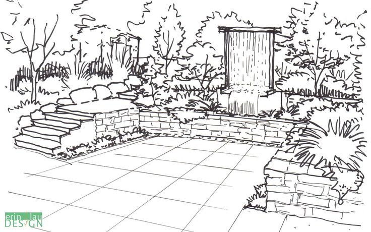 a drawing of a garden with stone steps and plants in the center, surrounded by trees