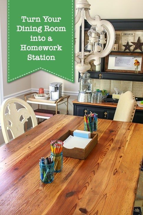 a dining room table with some pencils on it and the words, turn your dining room into a homework station