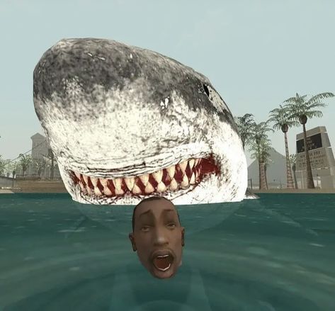 a man swimming in the water with a shark head above his head