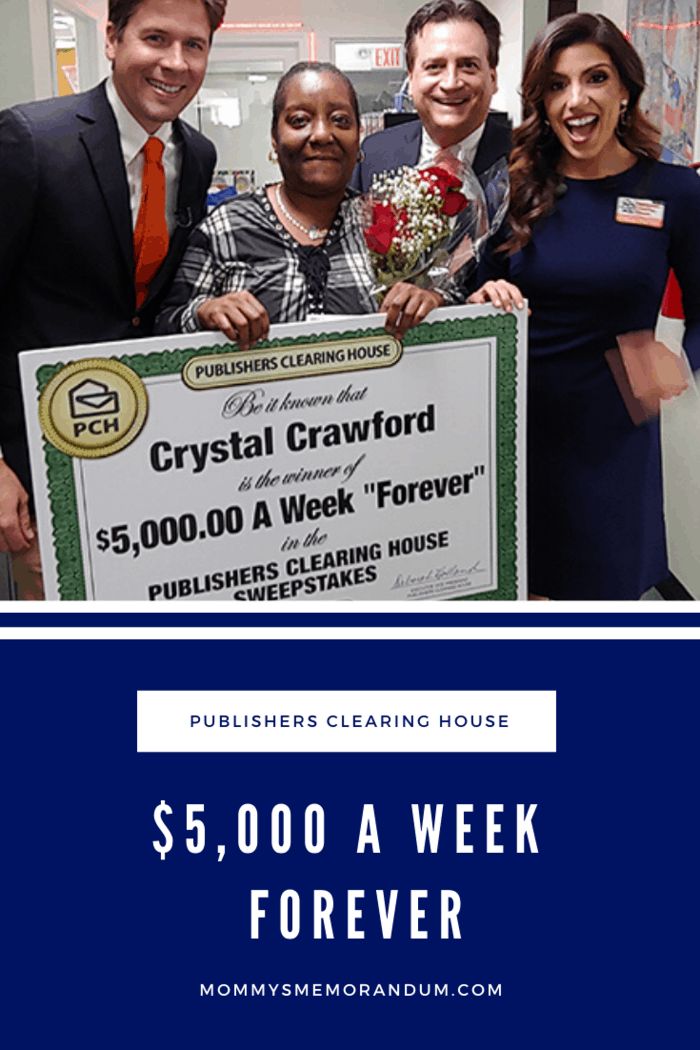 three people holding a large check for $ 5, 000 a week