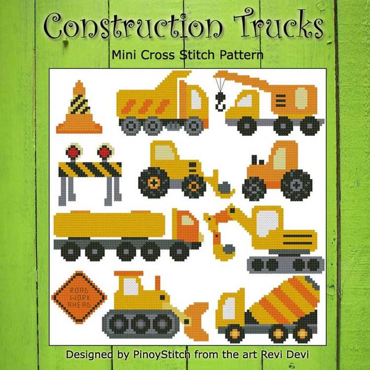 the construction trucks cross stitch pattern is shown in yellow and orange colors, on a green background