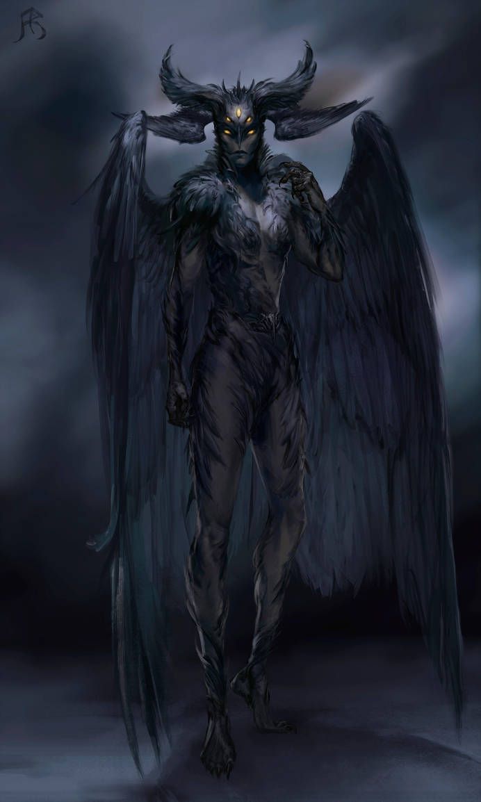 an image of a demon standing in the dark with his hands on his hips and wings outstretched