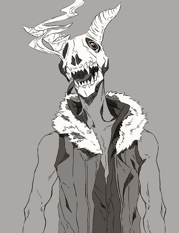 a drawing of a demon wearing a vest with horns on it's head and eyes