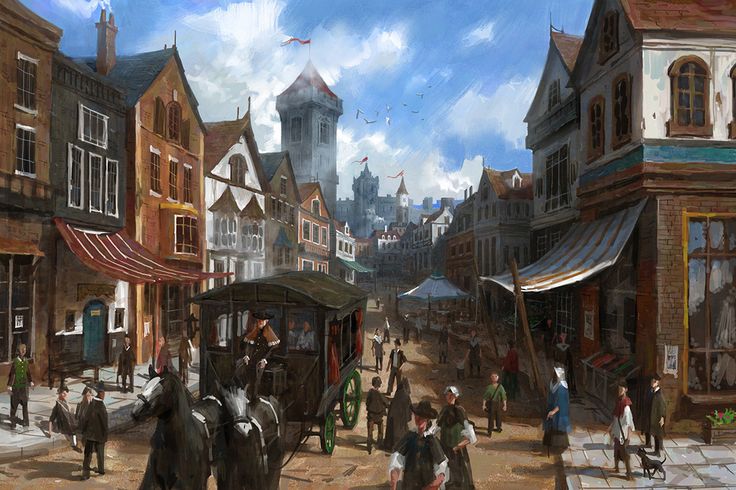 a painting of an old town with horse drawn carriages and people walking down the street