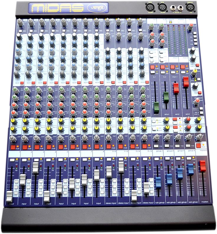 an electronic mixing board with many knobs