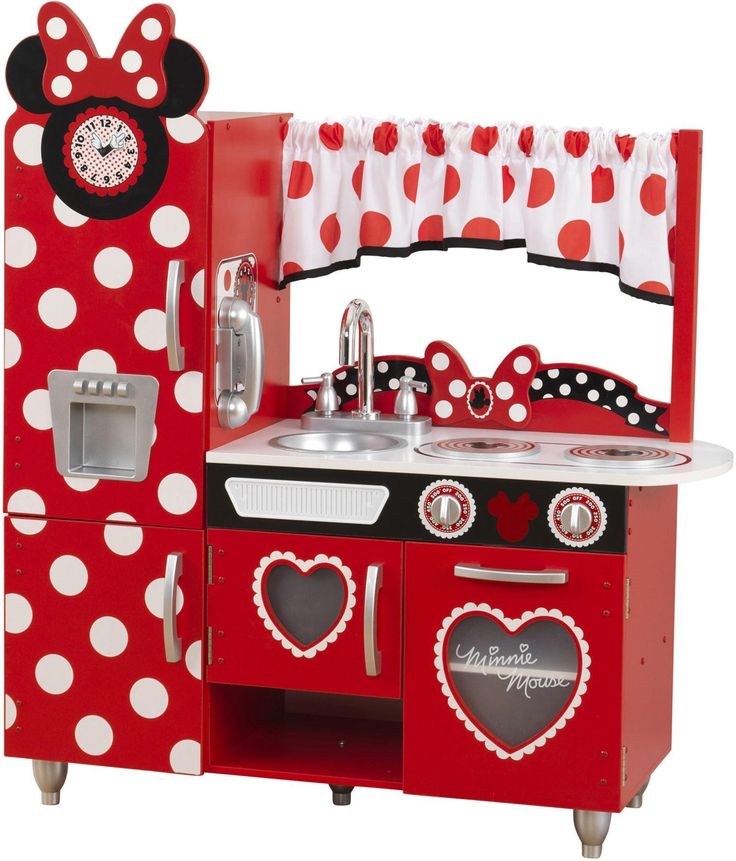 a red and white toy kitchen with minnie mouse