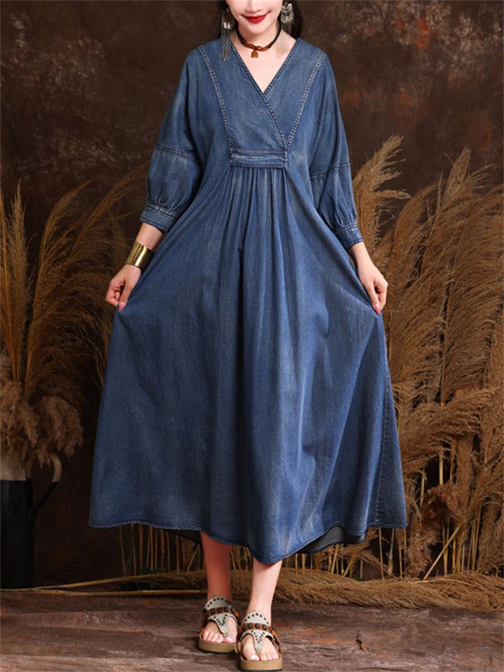 Description Product ID: DS2051258 Material: Denim Pattern: Solid Sleeve Length: Long Sleeve Closure Type: Pullover Length: Above Anke Length Style: Fashion, Casual, Elegant Occasion: Vacation, Holiday, Travel Package included 1 * Dress Size Chart (Asian Size): Please allow 1-3 cm measured error. Size Length Chest Hem One Size 123cm | 48.4 in 120cm | 47.2 in 223cm | 87.8 in V-neck Denim Dress With Pockets, Denim Blue A-line Cotton Dress, Knee-length Washed Blue Denim Dress With Pockets, Dark Wash Cotton Denim Dress With V-neck, Medium Wash Cotton A-line Denim Dress, Denim Patterns, Dress Size Chart, Lantern Sleeves, Denim Dress