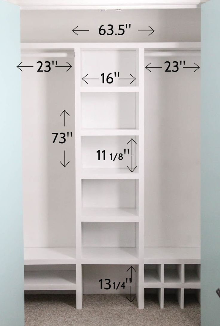 the measurements for a closet with shelves and shelving unit in white, including height