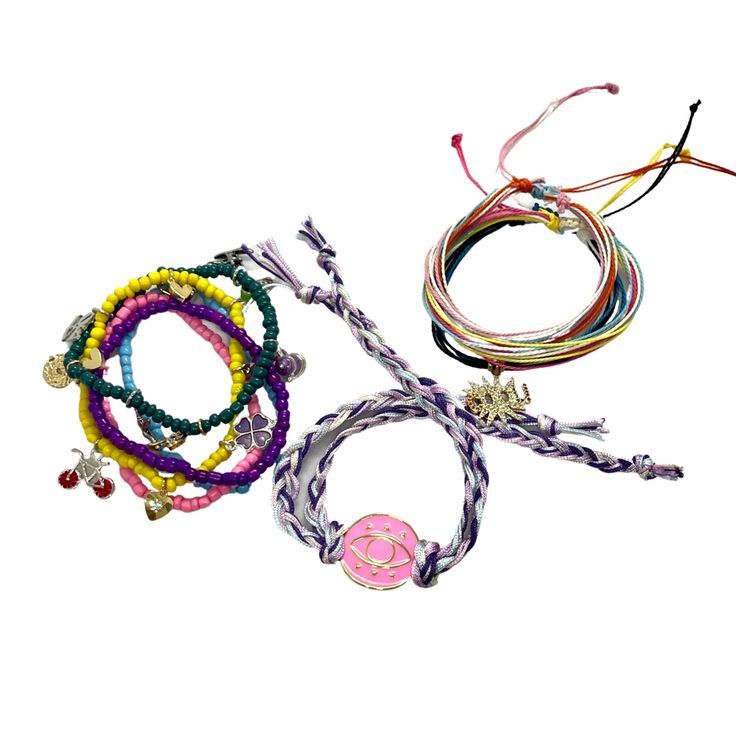 Bright and Joyful, Cheerful Arm Candy Bracelet Set - Weather resistant bracelet mix - Manually knotted - Weightless and soundless - Fits most, small to large wrists Included: - Elastic Seed Beads Colorful Bracelets - Set of 5 - Wire adjustable bracelets or Hilitos Colored & Neon Mix, set of 3 or 5 depending on model - Sets varies upon selection, some includes randomly selected charms, focus piece and manually sewed words Arm Candy Bracelets, Candy Bracelet, Jewelry Online Store, Bracelets Set, Pink Eyes, Charm Set, Colorful Bracelets, Online Jewelry Store, Jewelry Online