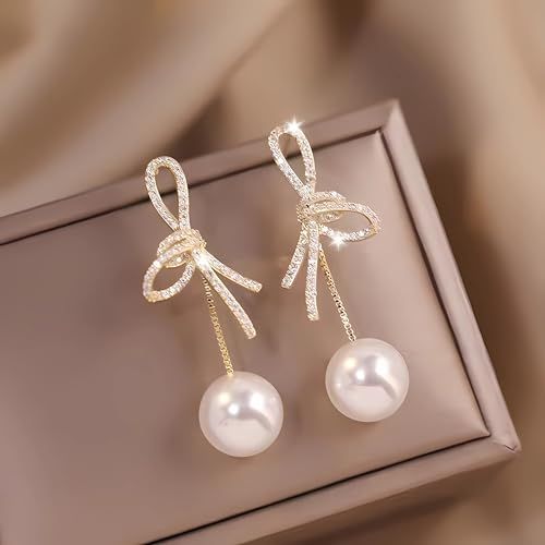 Diamond Bows, Pearl And Diamond Earrings, Rhinestone Bow, Women Earrings, Earrings Diamond, Bow Earrings, Trendy Earrings, Pearl Earrings Dangle, Fashion Jewelry Earrings