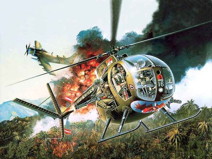 a painting of a helicopter with flames coming out of it