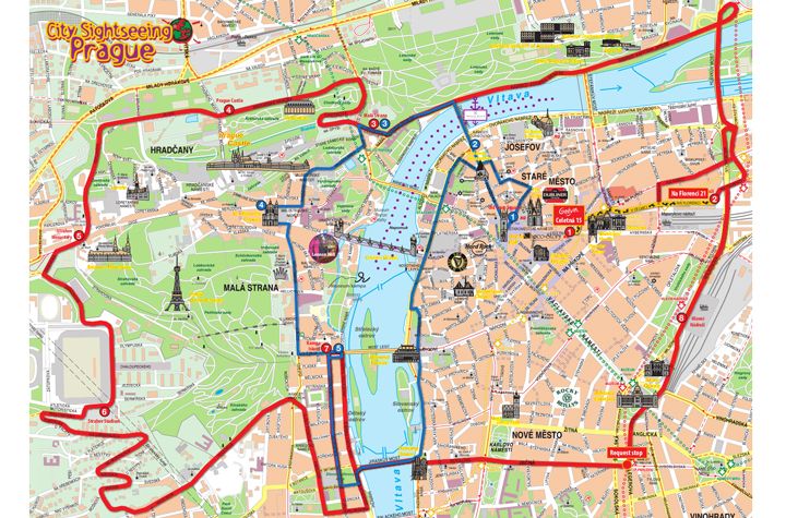 a map with red and yellow lines showing the locations of different streets in prague, czech