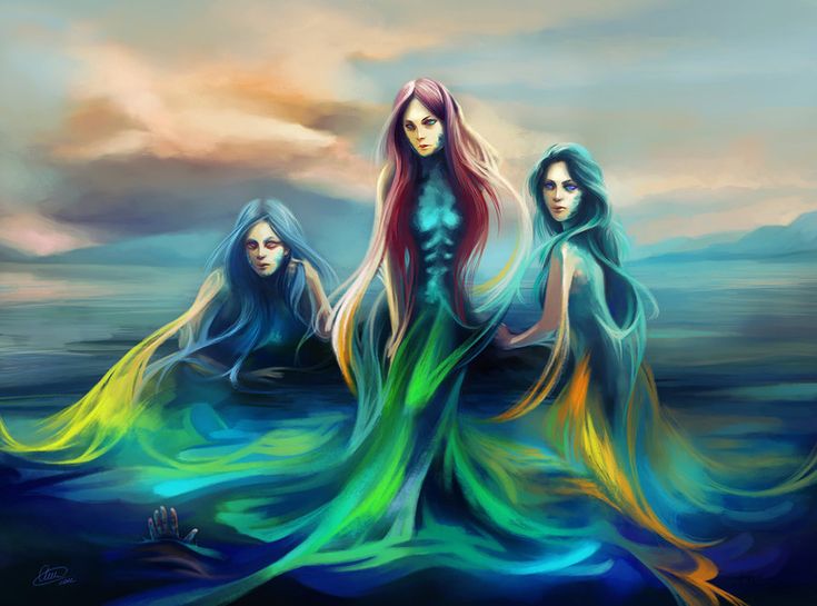 three mermaids are standing in the water with their long hair flowing down them's sides