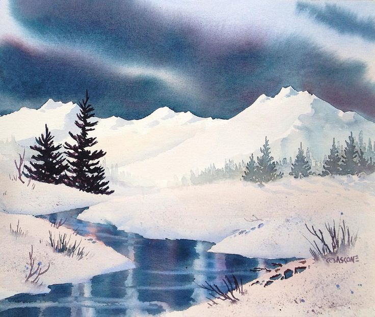 watercolor painting of snowy landscape with trees and stream in foreground, dark clouds above