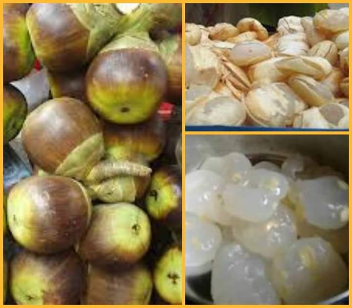 four pictures show different stages of peeling fruit and vegetables, including bananas, onions, pineapples, and nuts