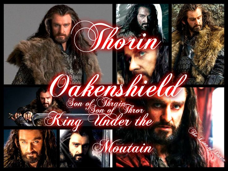 a collage of photos with the words thorin, oakshield and king under the mountain