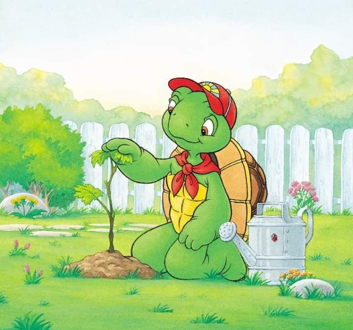 a cartoon turtle is standing in the grass