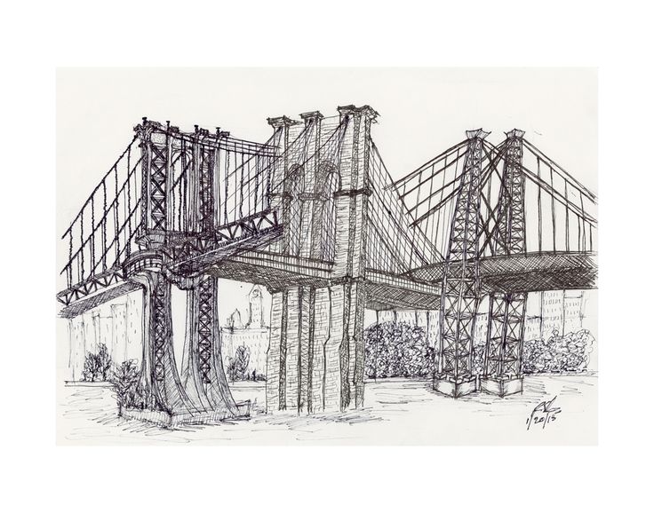 an ink drawing of the brooklyn bridge