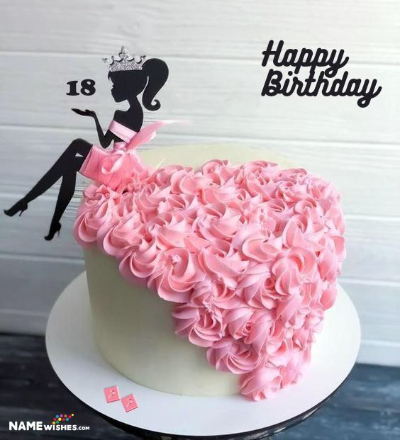 a birthday cake decorated with pink flowers and a silhouette of a woman wearing a tiara