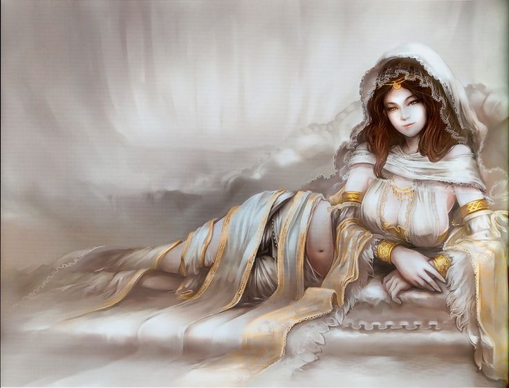 a painting of a woman in white and gold dress sitting on a chair with her legs crossed