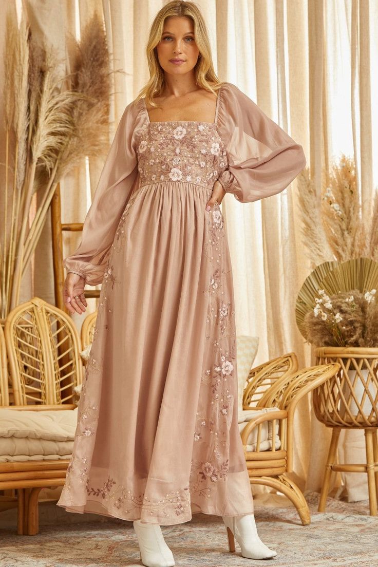 long sleeve embroidered maxi Festive Maxi Dress With Embroidered Sleeves, Spring Modest Floor-length Maxi Dress, Spring Wedding Long Sleeve Dress, Elegant Long Sleeve Dress With Embroidered Sleeves, Elegant Dress With Embroidered Long Sleeves, Fitted Maxi Dress With Embroidered Sleeves, Elegant Spring Embroidered Floor-length Dress, Chic Floral Embroidery Maxi Dress For Spring, Chic Floral Embroidered Maxi Dress For Spring