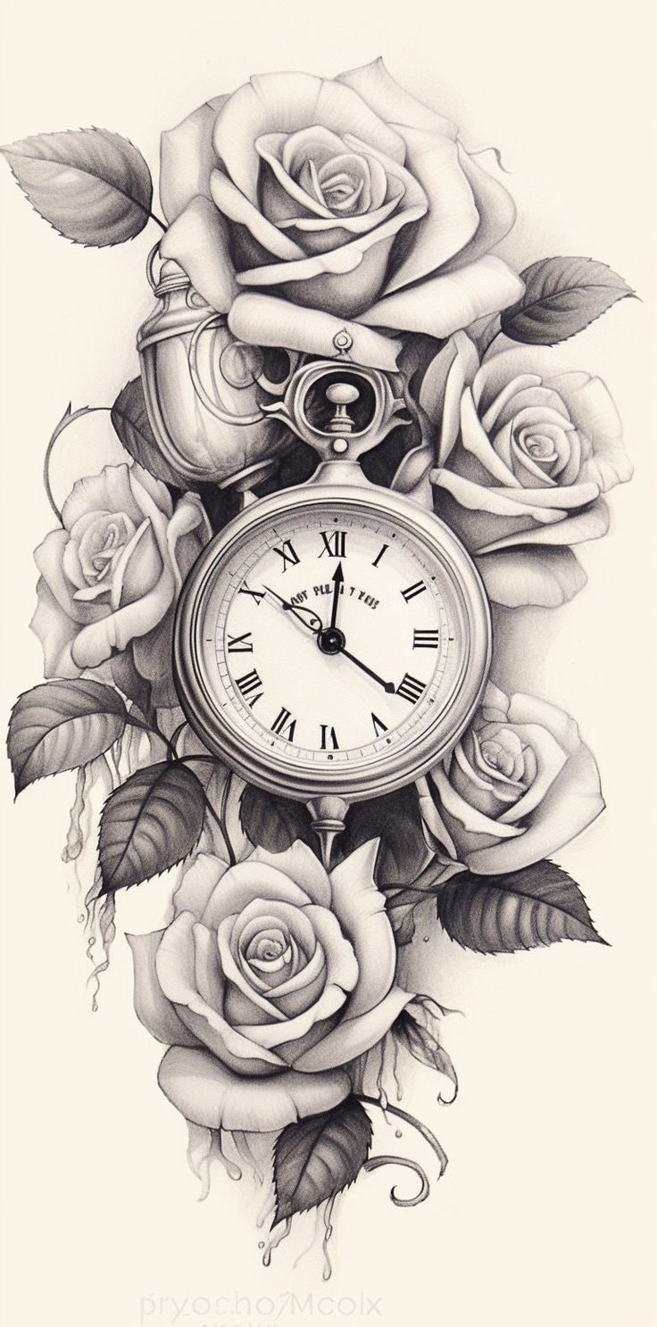 a clock surrounded by roses and leaves on a white background