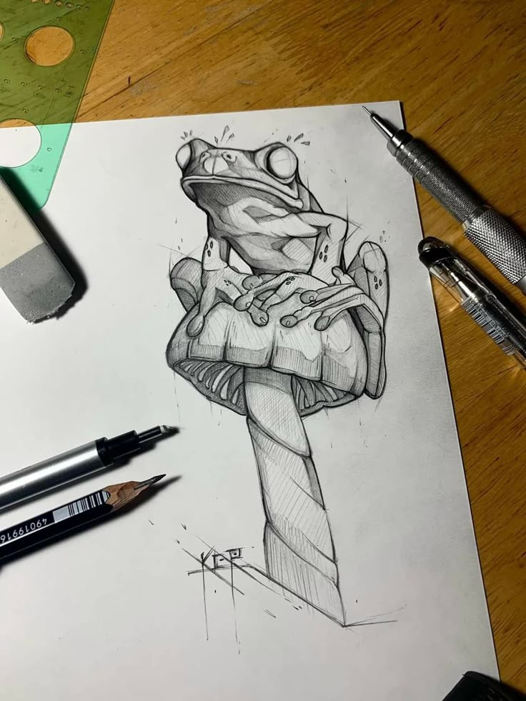 a pencil drawing of a frog sitting on top of a tree stump with a tie around its neck