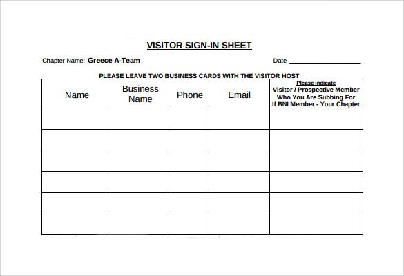 the visitor sign in sheet is shown with an image of a person's name