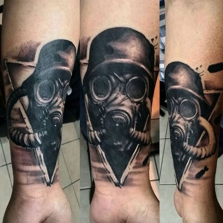 three different views of a man's arm with a gas mask tattoo on it