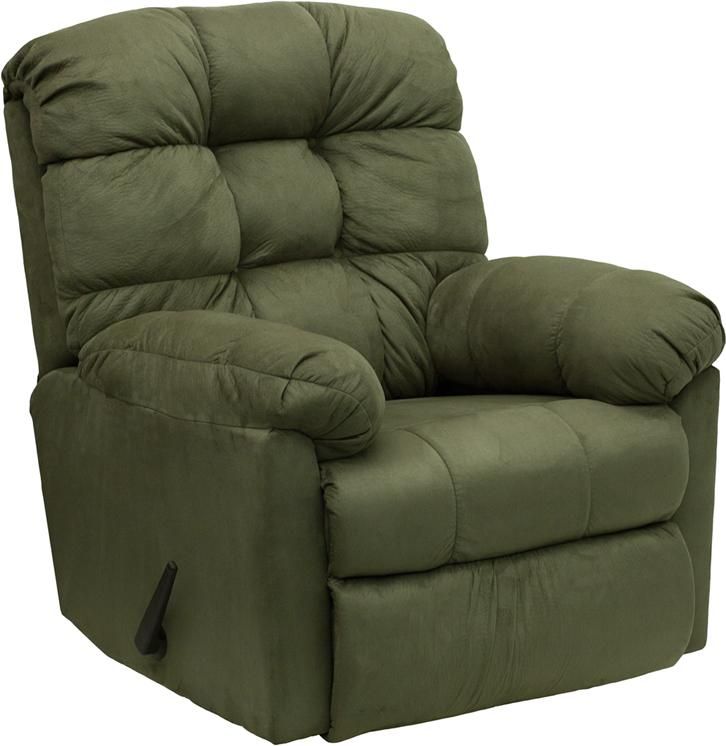 a green recliner chair sitting on top of a white floor