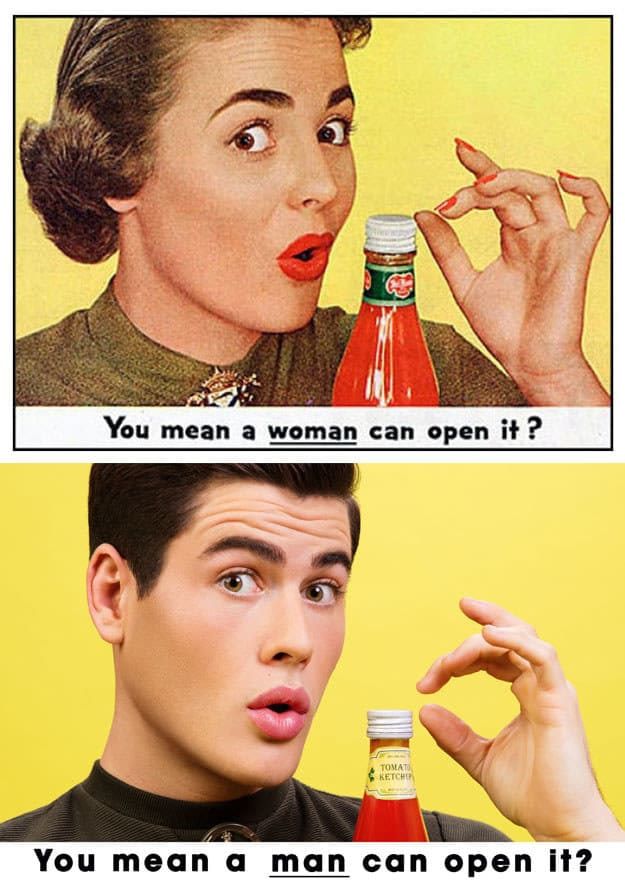 a man holding up a bottle of ketchup and pointing to it with the caption you mean a man can open it?