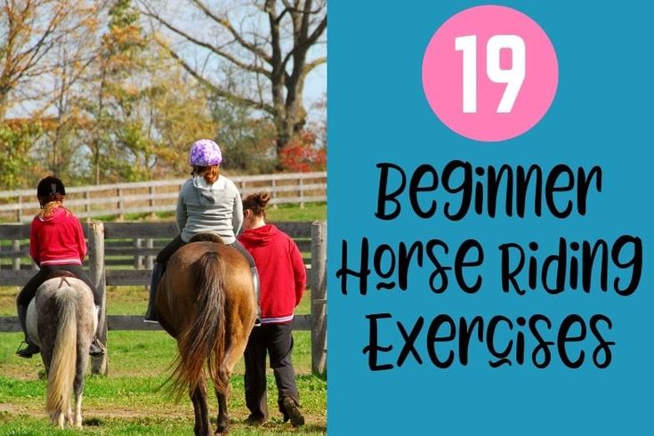 people riding horses in an enclosed area with text overlay reading 19 beginer horse riding exercises