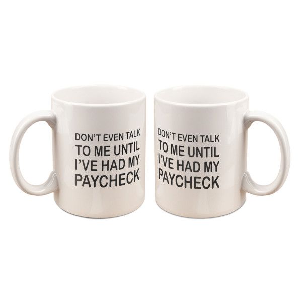 two white coffee mugs with words written on the inside and outside of them, one says don't even talk to me until i've