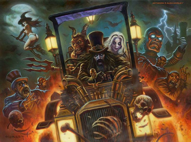 an image of a group of people riding on the back of a car with skeletons