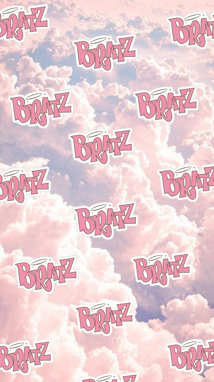 the sky is filled with lots of clouds and pink letters that spell out braz