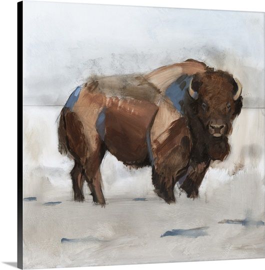 a painting of a bison standing in the snow