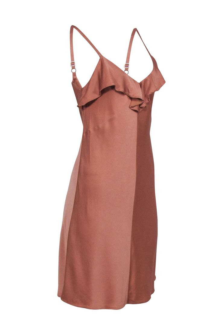 Be the life of the party in this A.L.C. beige crepe satin mini dress! This stylish number is perfect for your next girls' night out or special occasion, featuring terracotta beige shimmer, spaghetti straps, and tantalizing ruffles that make you look like you're ready to paint the town red. Slip on some mules and some glitzy gold jewelry to complete the perfect outfit. Get ready to turn heads! Size 2 58% Viscose, 42% Acetate Unlined Pullover Adjustable sleeveless straps Ruffle trim Bust 38" Waist Elegant Sleeveless Satin Dress With Ruffles, Feminine Ruffled Slip Dress For Party, Summer Satin Slip Dress With Ruffles, Sleeveless Ruffled Slip Dress For Date Night, Sleeveless Ruffled Satin Dress For Summer, Sleeveless Satin Dress For Brunch, Sleeveless Ruffled Slip Dress For Brunch, Chic Sleeveless Satin Dress With Ruffles, Sleeveless Slip Dress With Ruffles For Brunch