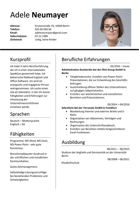 a professional resume template with an image of a woman in glasses on the front page