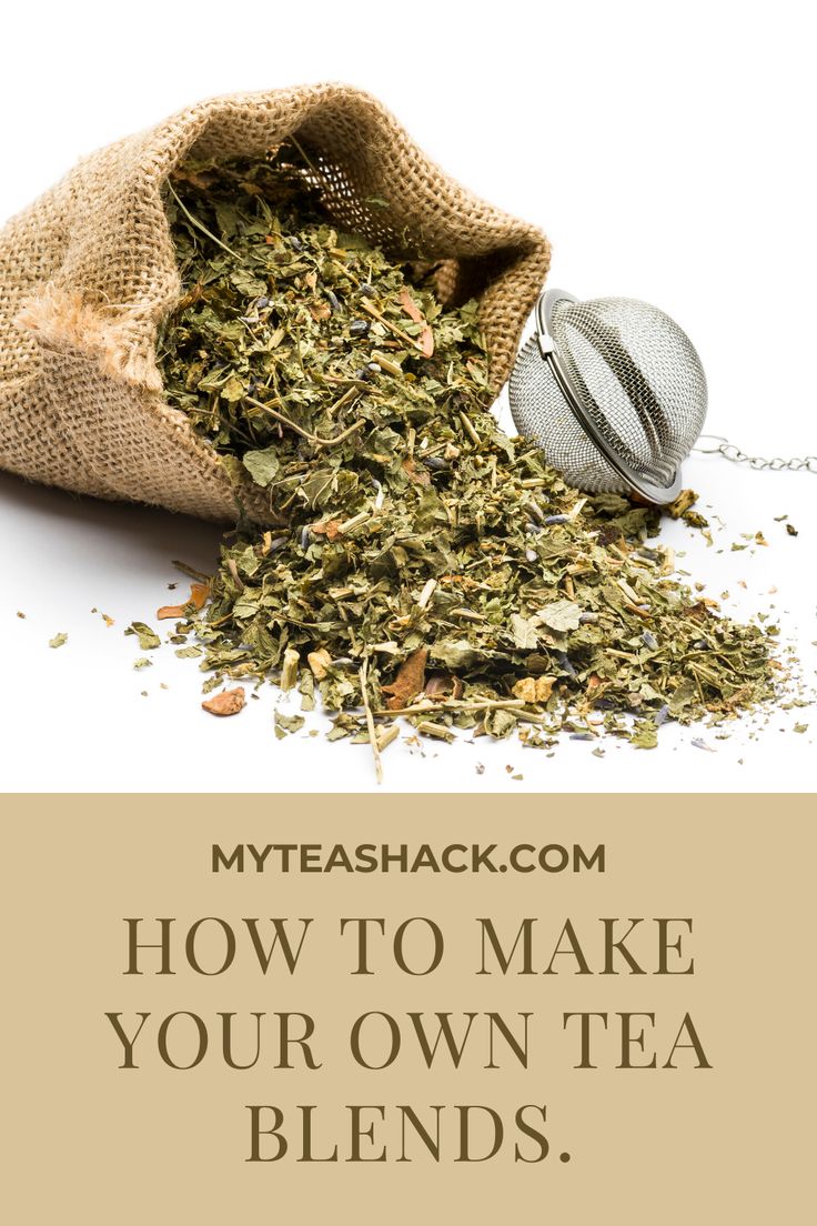 a bag filled with green tea next to a pile of dried herbs and the words how to make your own tea blends