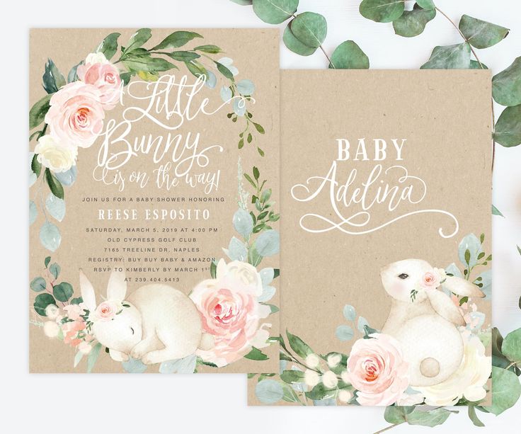 two baby shower cards with pink roses and greenery on them, one has a teddy bear in the middle