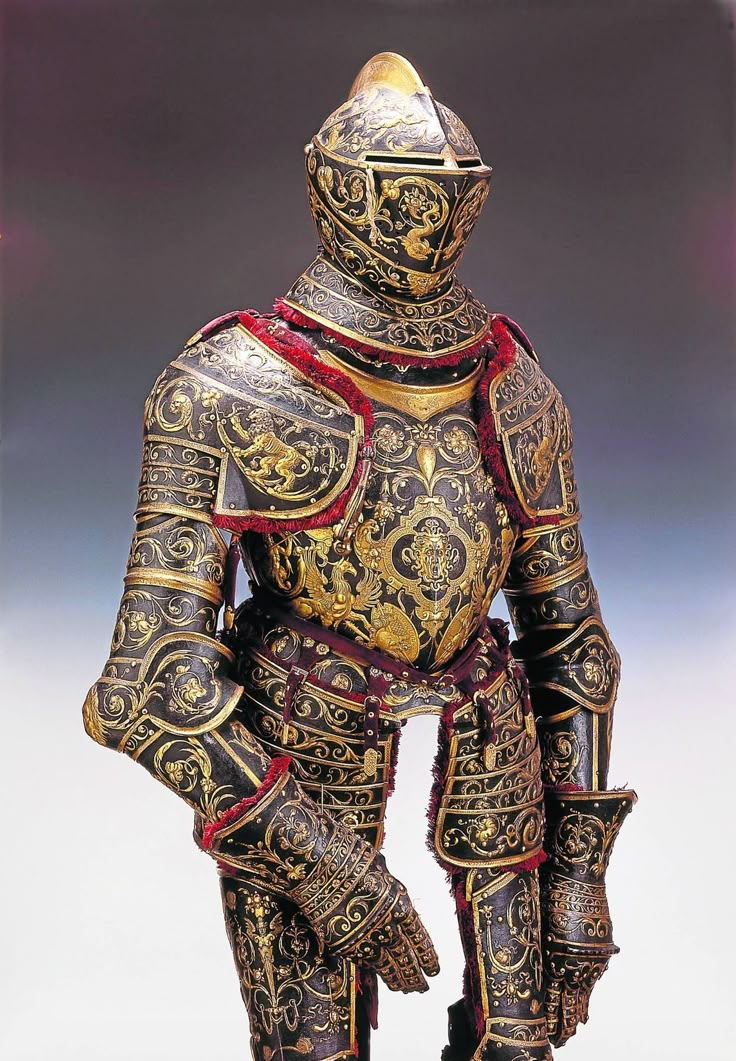 an elaborately decorated armor is displayed on display