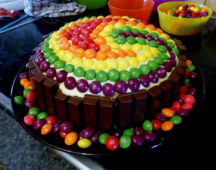 there is a cake decorated with candy and candies