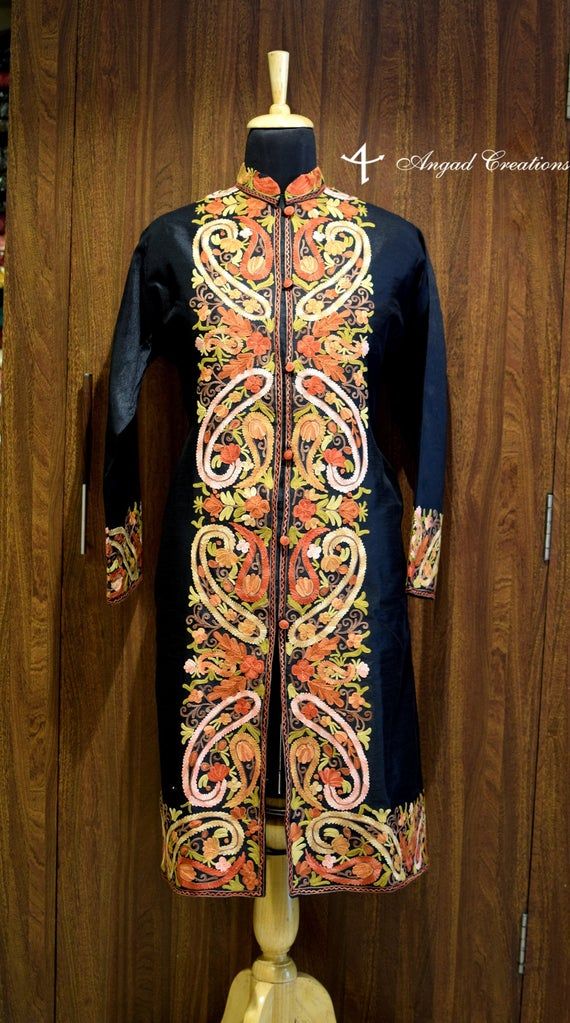 Fitted Unstitched Suit With Embroidered Border And Long Sleeves, Bollywood Style Bandhgala With Embroidered Border, Elegant Long Sleeve Traditional Wear With Multicolor Embroidery, Elegant Embroidered Nehru Jacket For Traditional Ceremonies, Elegant Kurta With Multicolor Embroidery And Embroidered Border, Elegant Unstitched Suit With Embroidered Border And Long Sleeves, Elegant Multicolor Embroidered Kurta With Border, Unstitched Suit With Resham Embroidery For Traditional Ceremonies, Ceremonial Unstitched Embroidered Straight Kurta