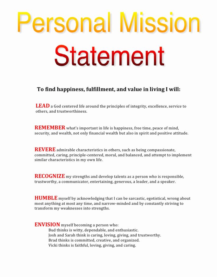 the personal mission statement is shown in red and yellow