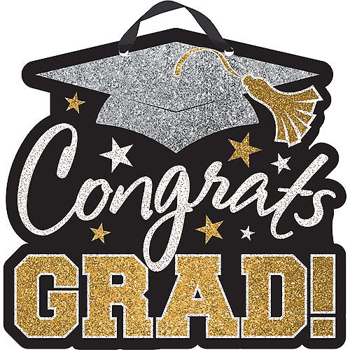 congratulations grad sign with graduation cap and stars on the top, in gold glitter