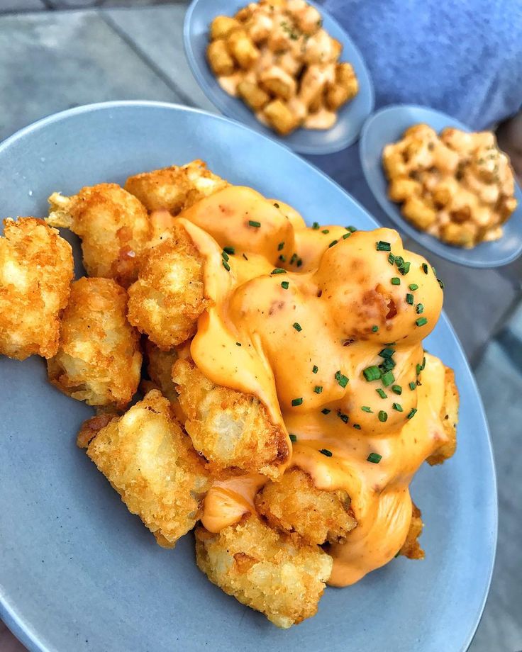 a blue plate topped with tater tots covered in cheese