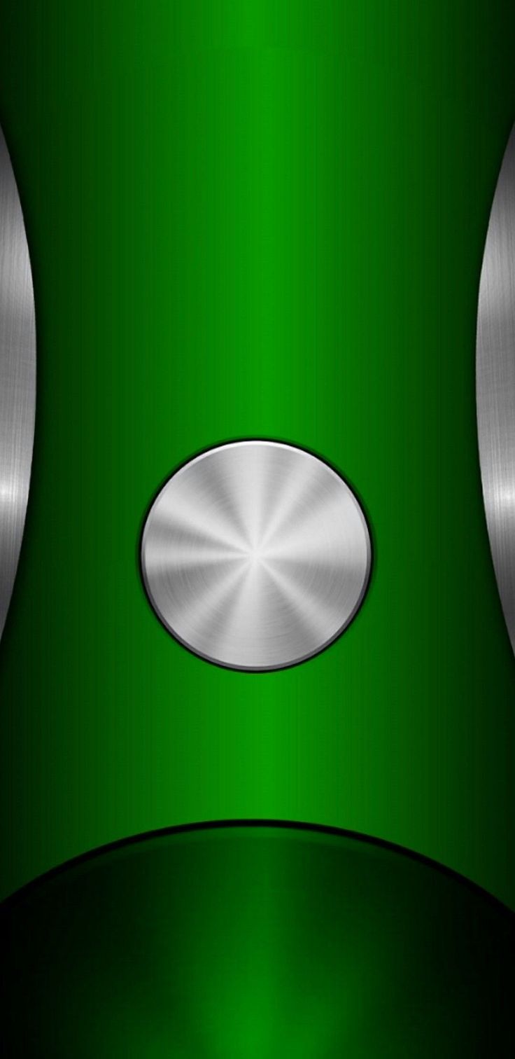 an abstract green background with silver circles and metal plates on the bottom, along with a white circle at the center