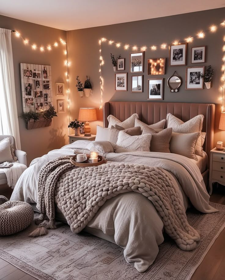 a bedroom decorated with lights and blankets